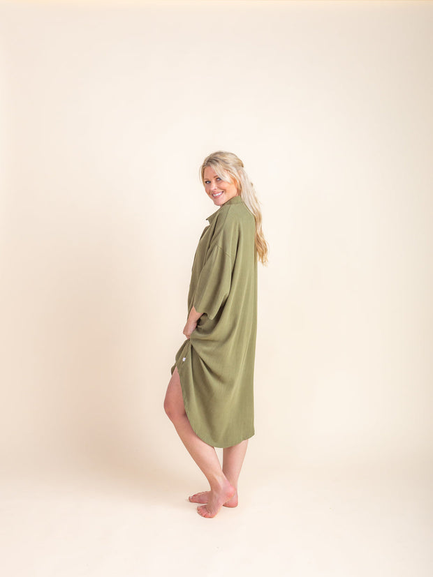 Woman - Bamboo Luxe Linen Oversized Dress- Olive Linen Shirt Halo & Horns 