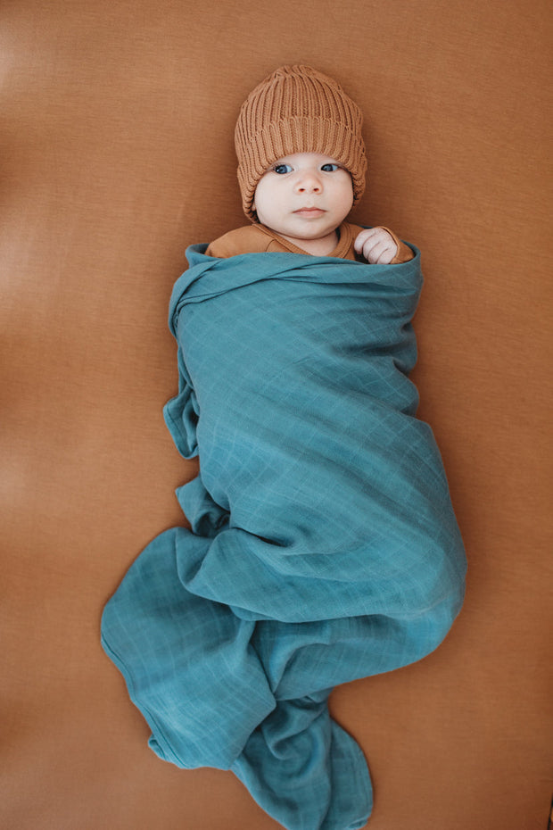 Baby Swaddle/Wrap - Organic Bamboo Muslin - Sea Blue Baby Wrap Halo & Horns 