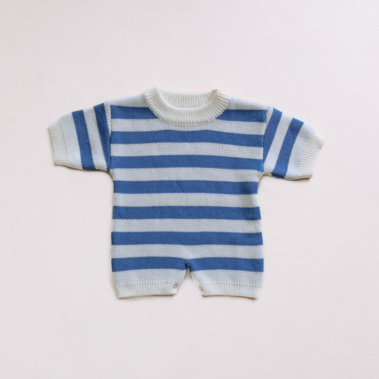 Knit Romper - Organic Cotton - Cornflower Stripe knit Halo & Horns Company 3-6 months 