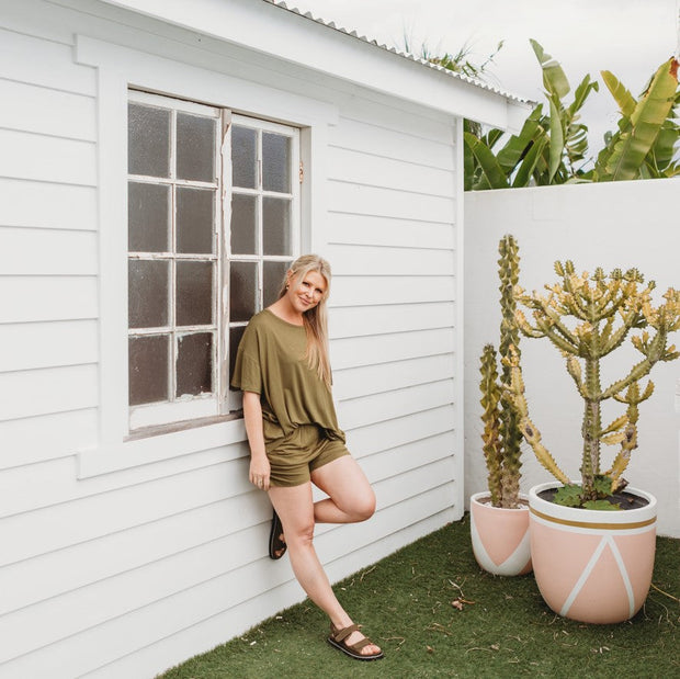 Woman - Bamboo Ruche Shorts- Olive Tshirts Halo & Horns 