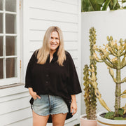 Woman - Bamboo Luxe Linen Oversized Shirt- Black Linen Shirt Halo & Horns 