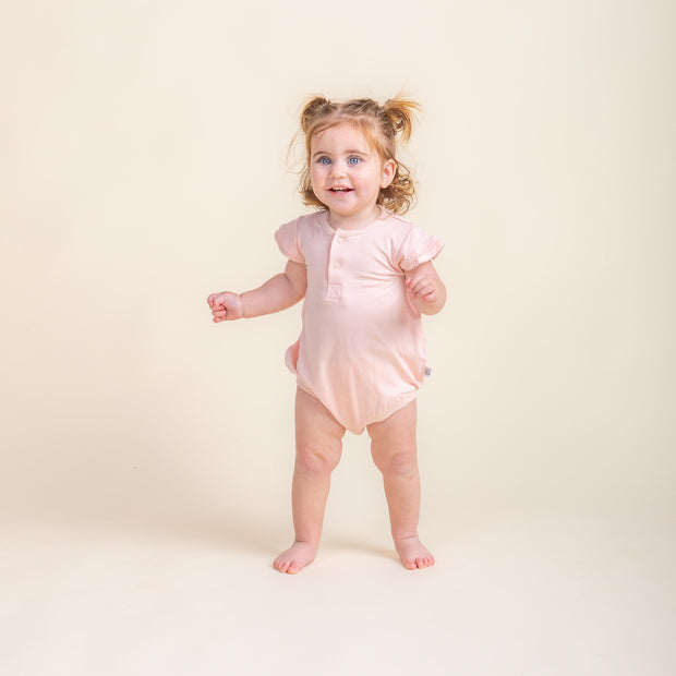 Flutter Sleeve Onesie - Bamboo Bubble Romper - Pale Peony Onesie Halo & Horns 