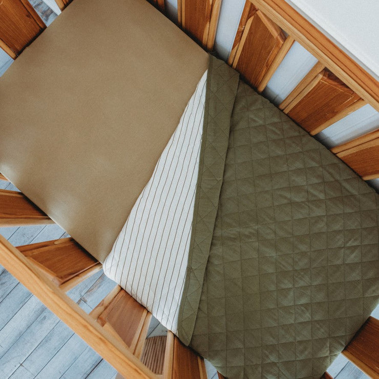 Cot Quilt - Linen - Bamboo - Olive| Stripe under Baby Blanket Halo & Horns 