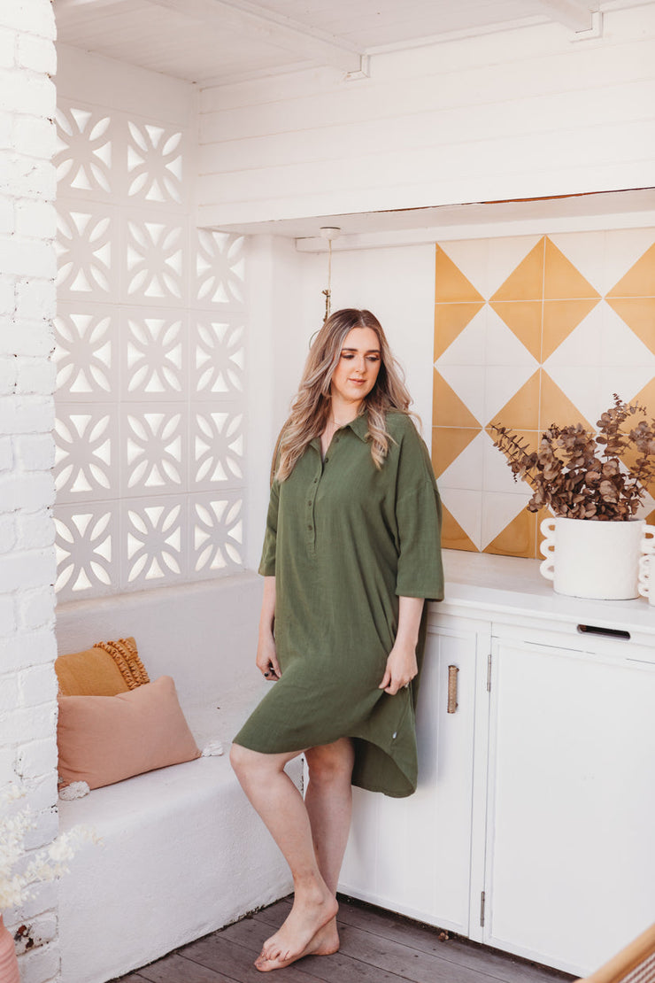 Woman - Bamboo Luxe Linen Oversized Dress- Olive Linen Shirt Halo & Horns 