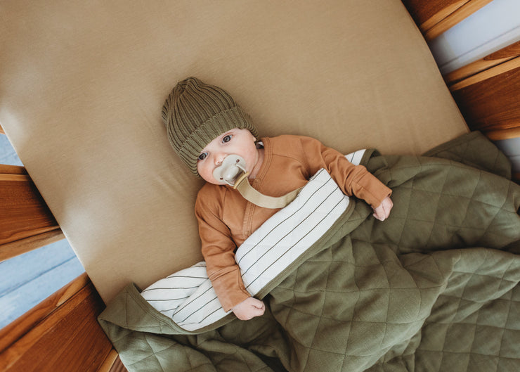 Cot Quilt - Linen - Bamboo - Olive| Stripe under Baby Blanket Halo & Horns 