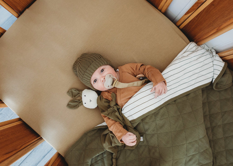 Cot Quilt - Linen - Bamboo - Olive| Stripe under Baby Blanket Halo & Horns 