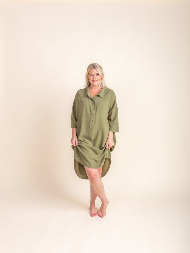 Woman - Bamboo Luxe Linen Oversized Dress- Olive Linen Shirt Halo & Horns Small - Medium 