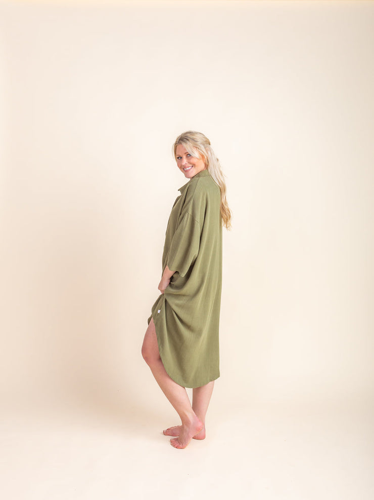 Woman - Bamboo Luxe Linen Oversized Dress- Olive Linen Shirt Halo & Horns 