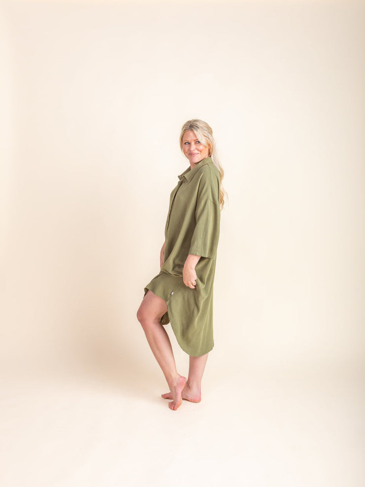 Woman - Bamboo Luxe Linen Oversized Dress- Olive Linen Shirt Halo & Horns 