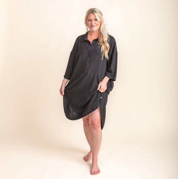 Woman - Bamboo Luxe Linen Oversized Dress- Black Linen Shirt Halo & Horns Small - Medium 