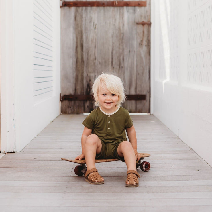 Romper Pocket - Short Sleeve- Olive Romper Halo & Horns 