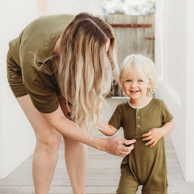 Romper Pocket - Short Sleeve- Olive Romper Halo & Horns 