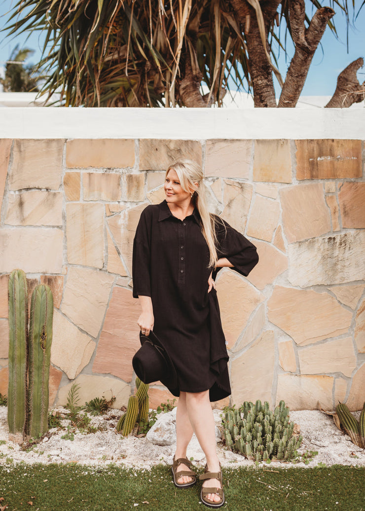 Woman - Bamboo Luxe Linen Oversized Dress- Black Linen Shirt Halo & Horns 
