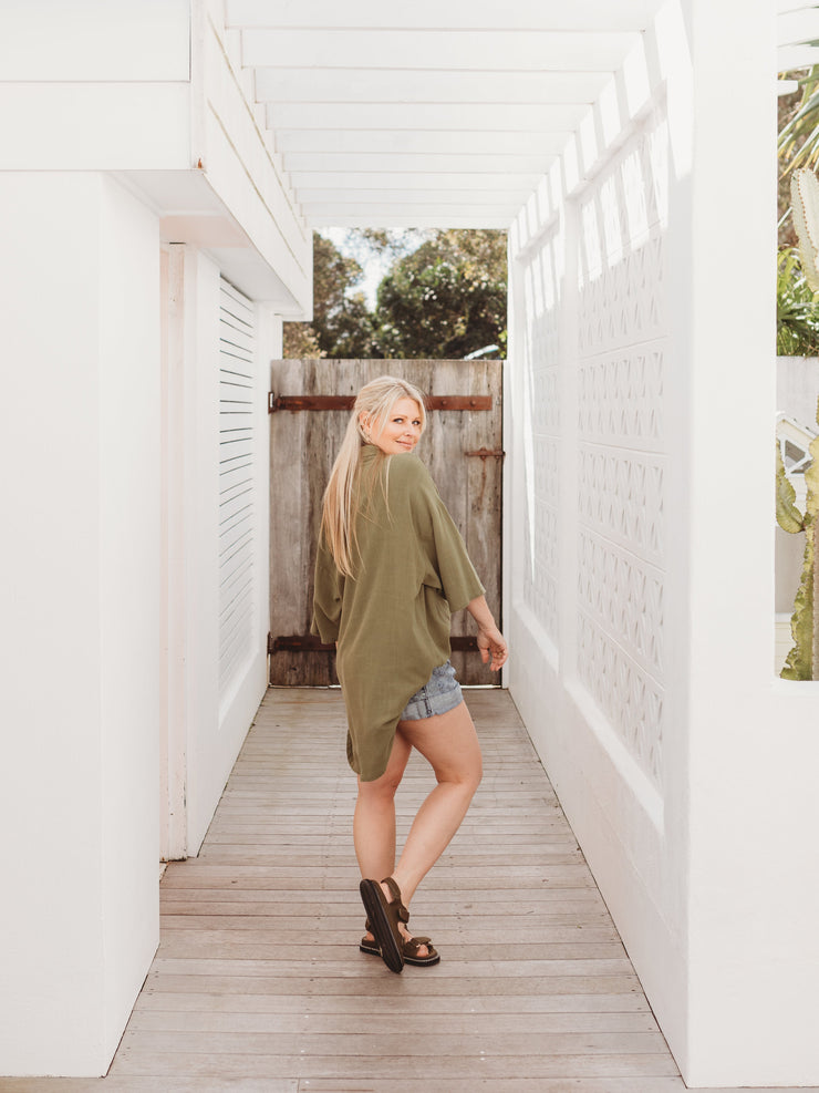 Woman - Bamboo Luxe Linen Oversized Shirt- Olive Linen Shirt Halo & Horns 