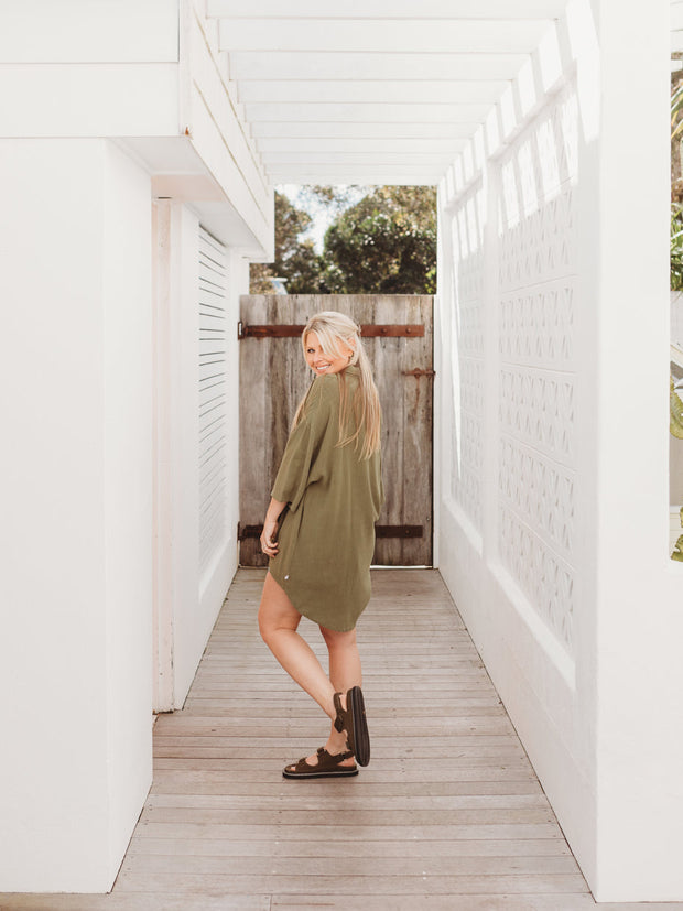 Woman - Bamboo Luxe Linen Oversized Shirt- Olive Linen Shirt Halo & Horns 