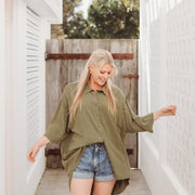 Woman - Bamboo Luxe Linen Oversized Shirt- Olive Linen Shirt Halo & Horns 