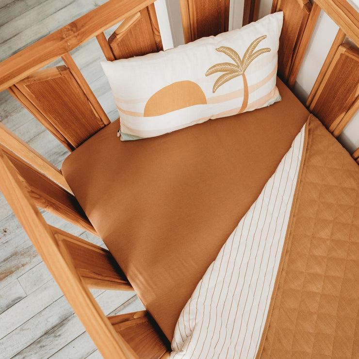 Cot Quilt - Linen - Bamboo - Toffee | Stripe under Baby Blanket Halo & Horns 