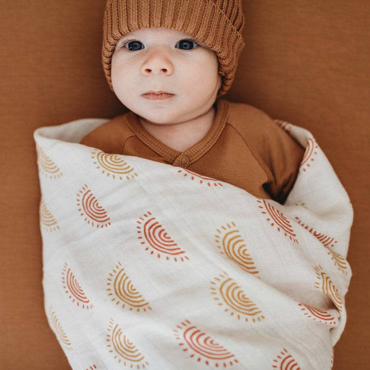 Baby Swaddle/Wrap - Organic Bamboo Muslin - Rainbow Baby Wrap Halo & Horns 