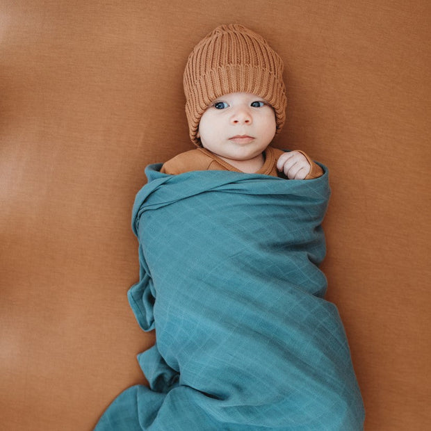 Baby Swaddle/Wrap - Organic Bamboo Muslin - Sea Blue Baby Wrap Halo & Horns 