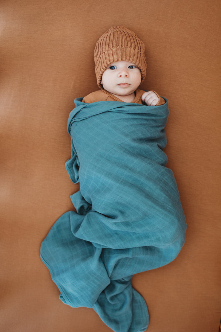 Baby Swaddle/Wrap - Organic Bamboo Muslin - Sea Blue Baby Wrap Halo & Horns 