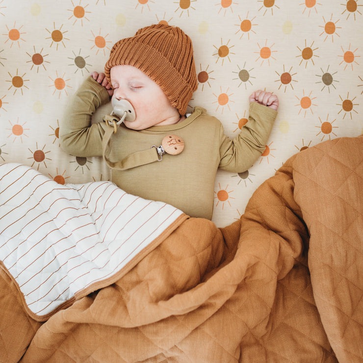 Cot Quilt - Linen - Bamboo - Toffee | Stripe under Baby Blanket Halo & Horns 