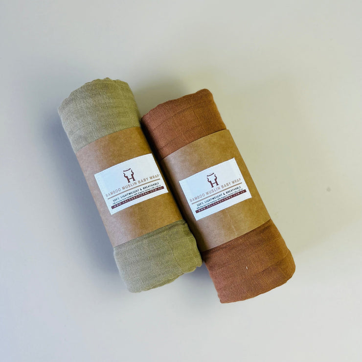 Perfect Pair -Baby Swaddle/Wrap- Organic Bamboo Muslin - 1 x Moss 1 x Toffee Baby Wrap Halo & Horns 